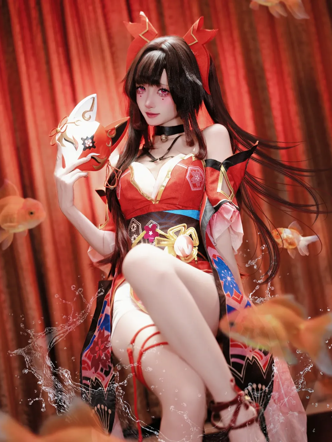 崩坏星穹铁道, 花火cos, 和风角色扮演, 水花特效, 红白狐面 - 第1张