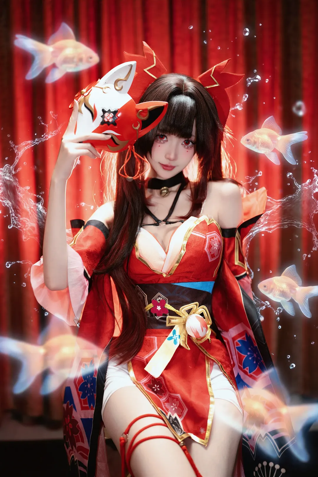 崩坏星穹铁道, 花火cos, 和风角色扮演, 水花特效, 红白狐面 - 第3张