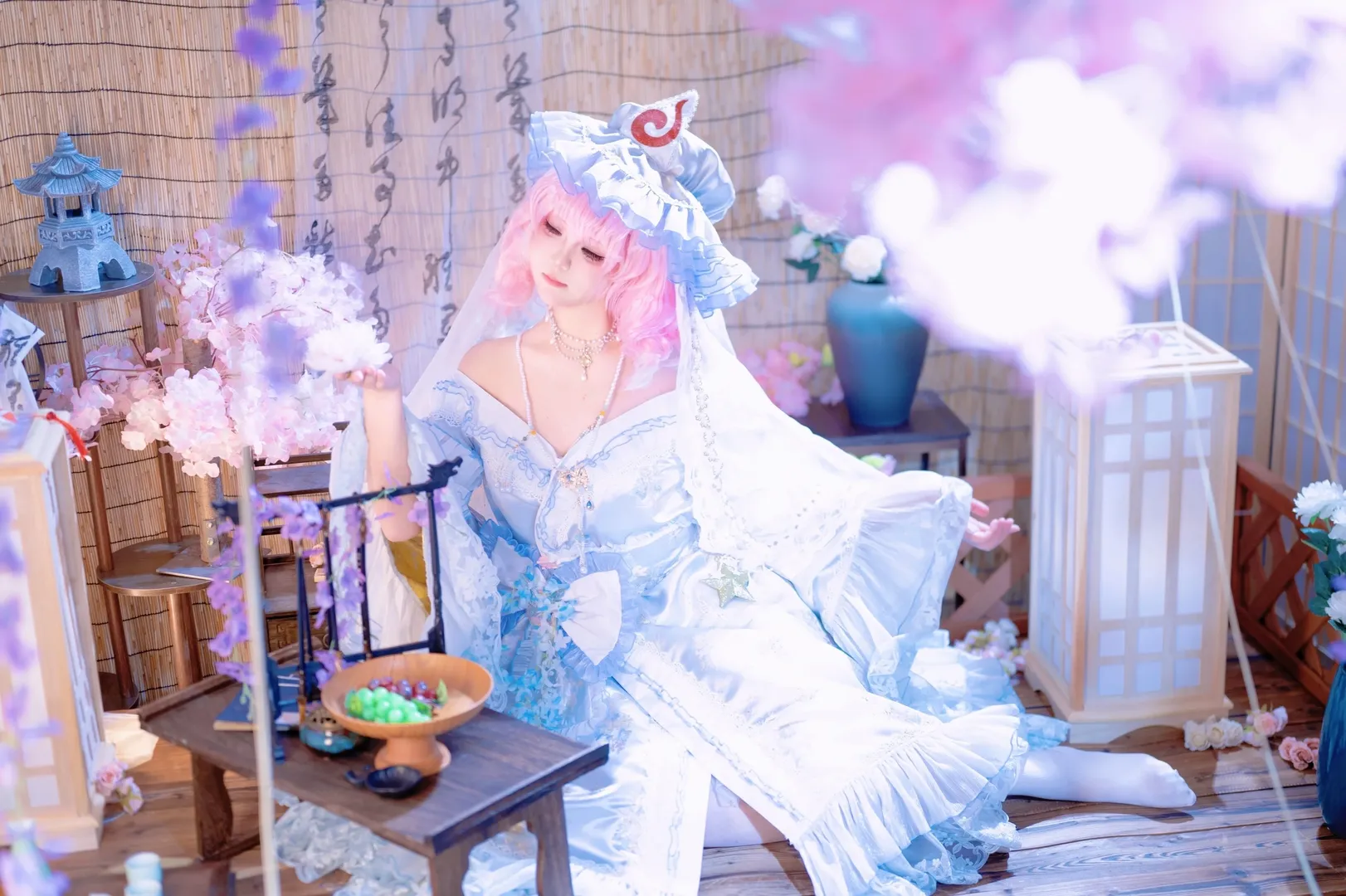 コスプレ, 東方Project, 白ストッキング, 幽々子コスプレ, 東方妖々夢