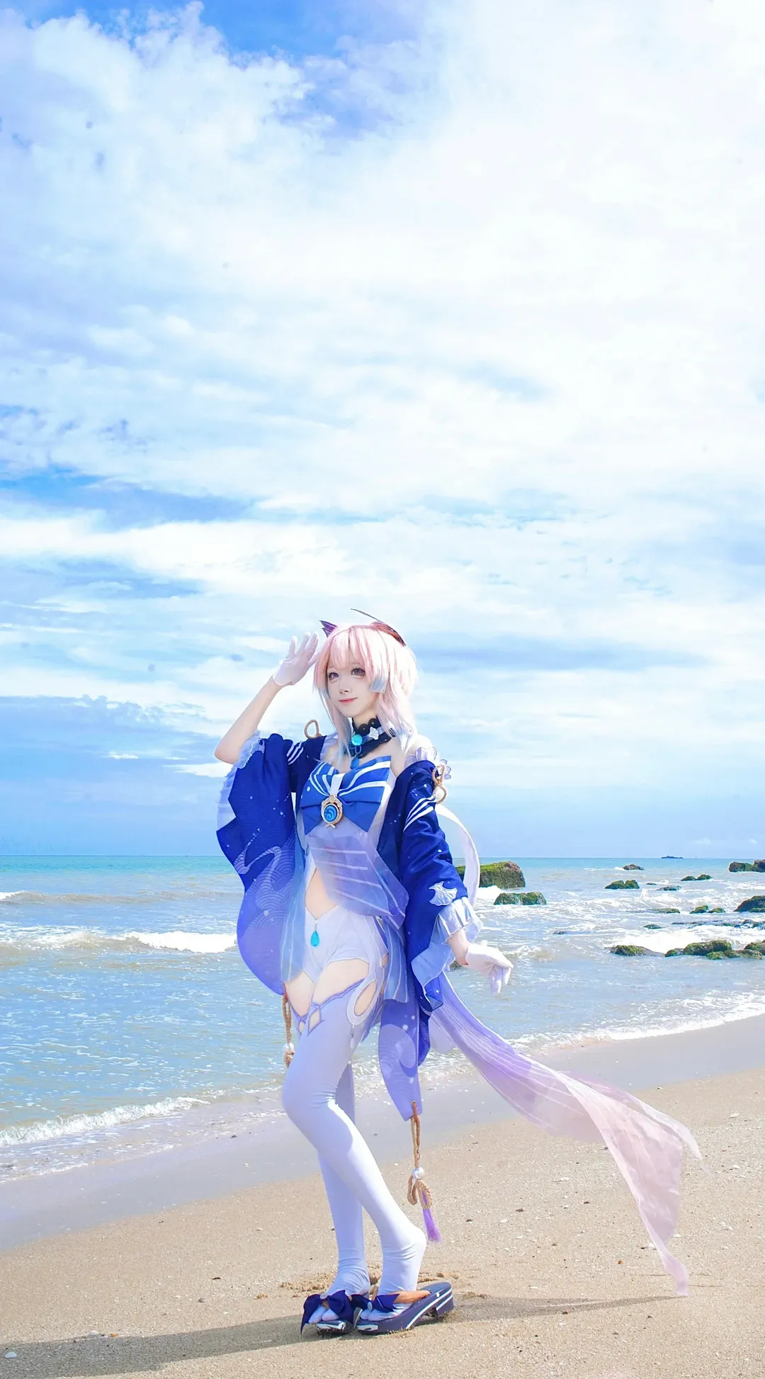 Genshin Impact, Sangonomiya Kokomi cosplay, Cosplay outfit, Seaside cosplay, Outdoor photography