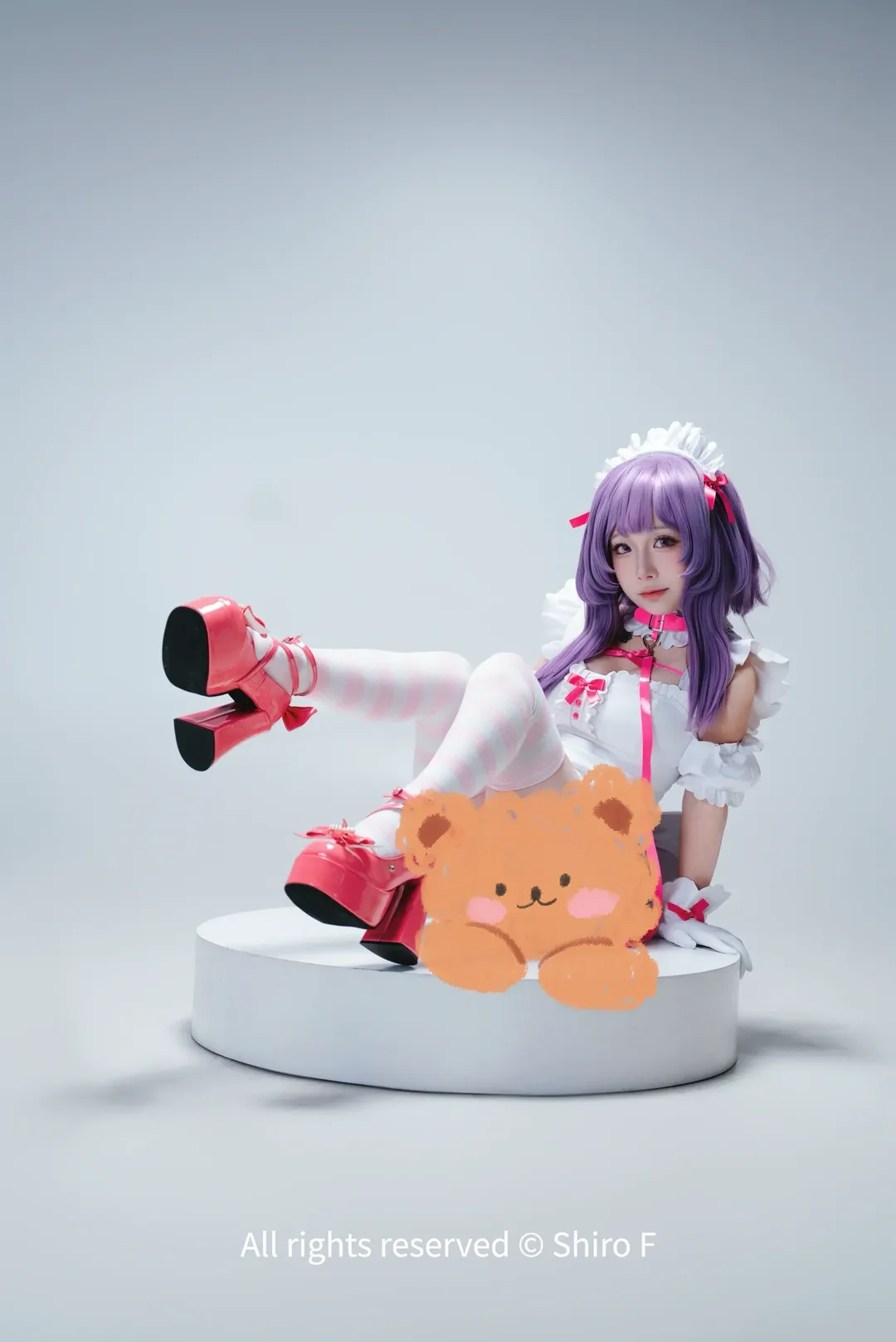 白棚, 女仆装cosplay, 粉白条纹丝袜, 地雷女仆, 手办感