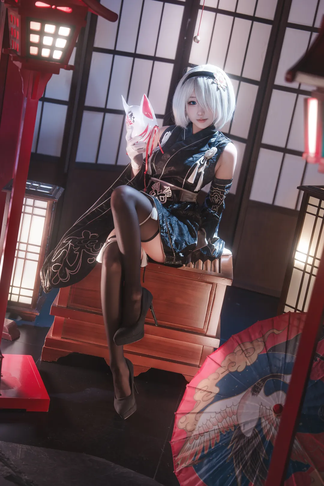尼尔机械纪元, cosplay摄影, 黑丝穿搭, 尼尔机械纪元cos, 和风狐面