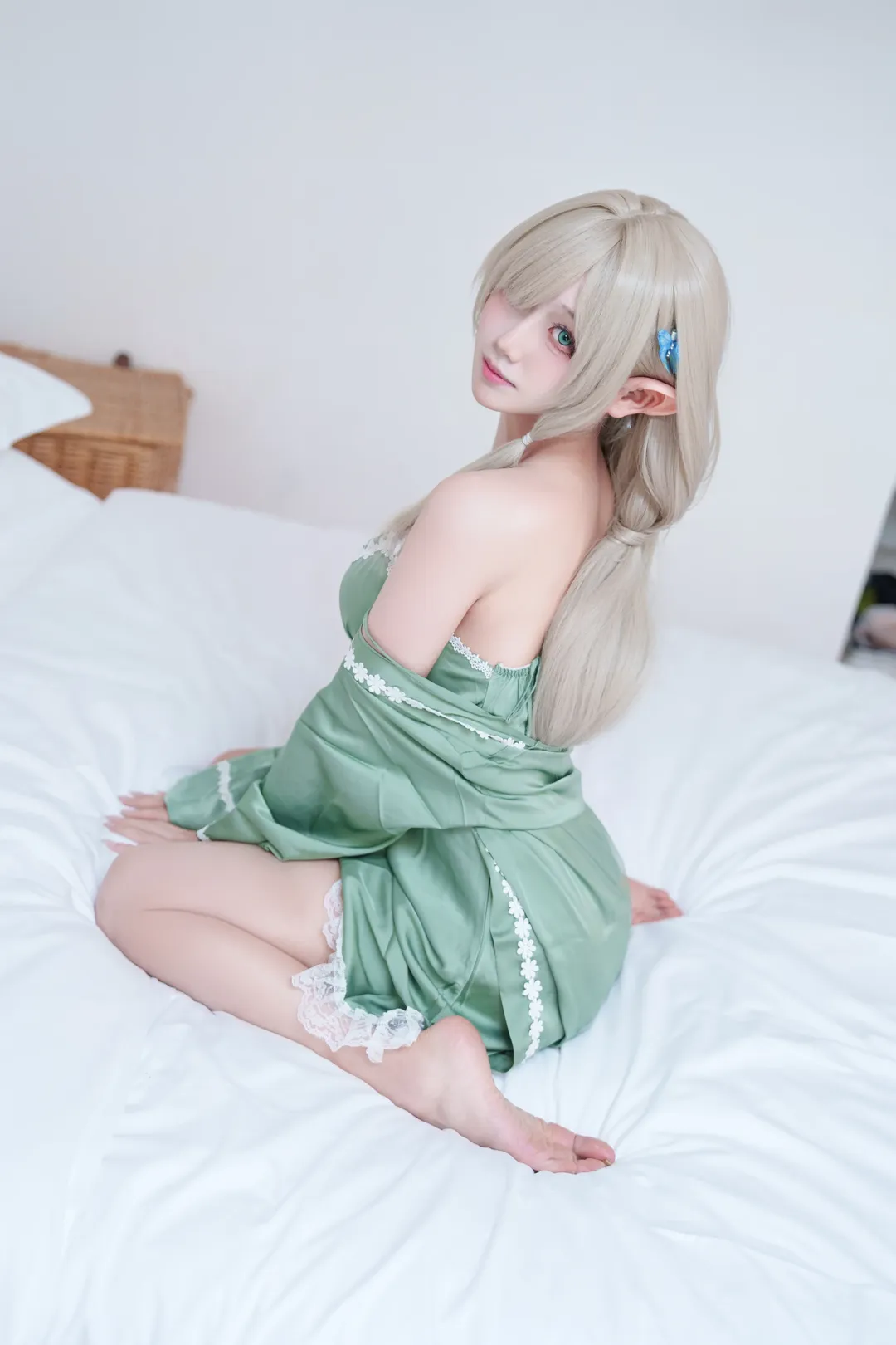 写真, 氛围感, cosplay, 精灵耳, 绿色吊带裙
