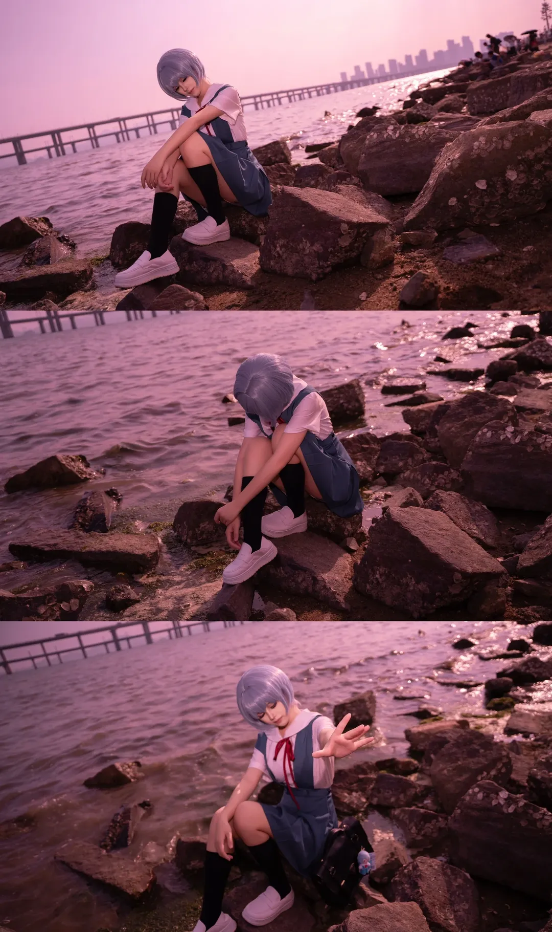 绫波丽cos, EVA, 新世纪福音战士, 海边写真, 黑丝过膝袜