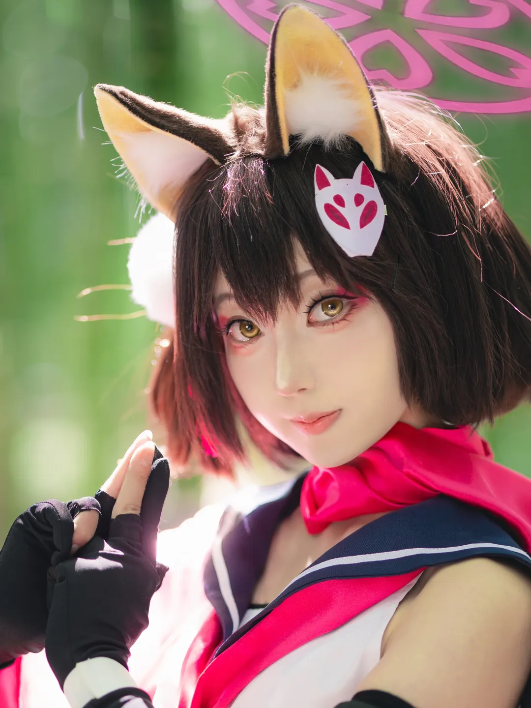 蔚蓝档案, 久田泉奈cos, 狐面兽耳, 和风水手服, 竹海摄影