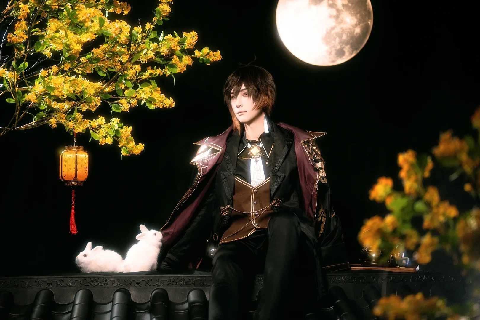 原神, 古风cosplay, 钟离cos, 黑金搭配, 月下客片 - 第1张