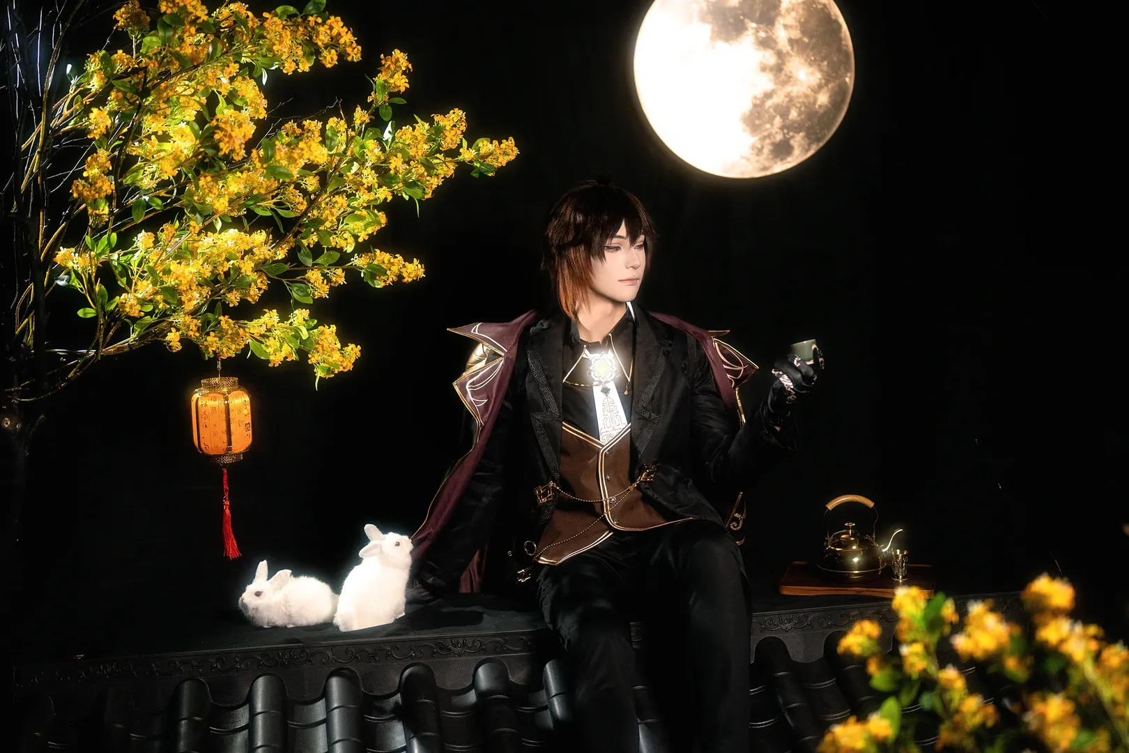 原神, 古风cosplay, 钟离cos, 黑金搭配, 月下客片 - 第4张