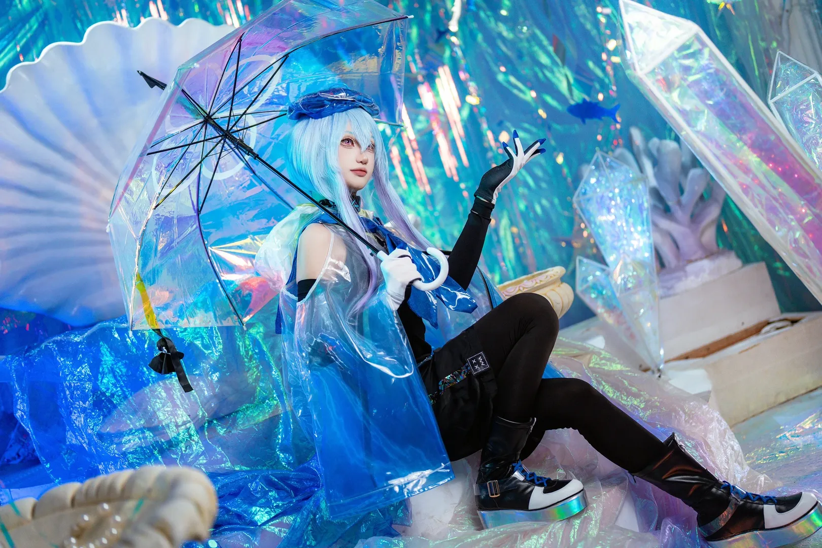 明日方舟, 黑丝穿搭, 水月cos, cosplay摄影分享, 镭射雨伞