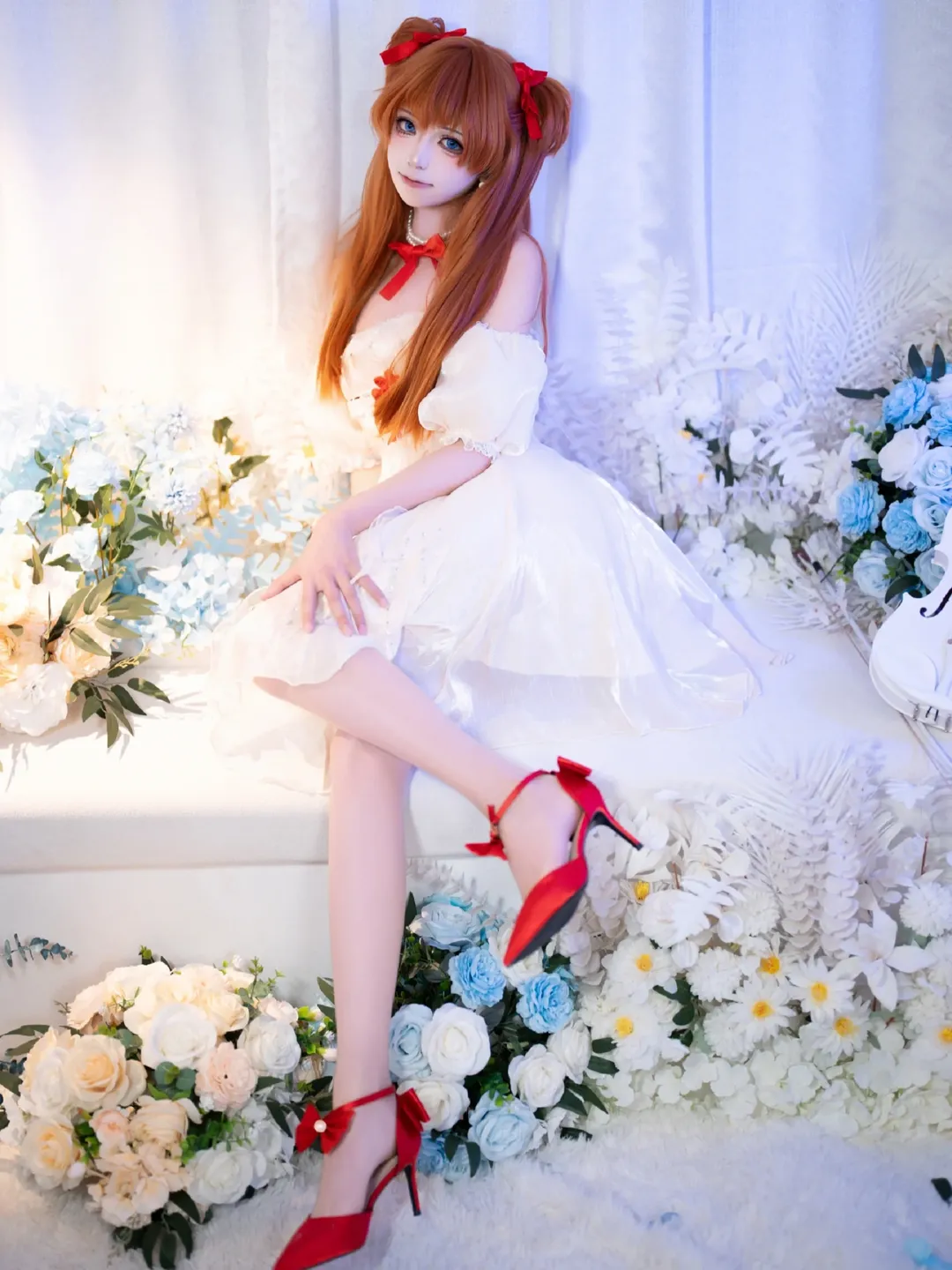 cosplay, Anime girl, White dress, Asuka Cosplay, Neon Genesis Evangelion