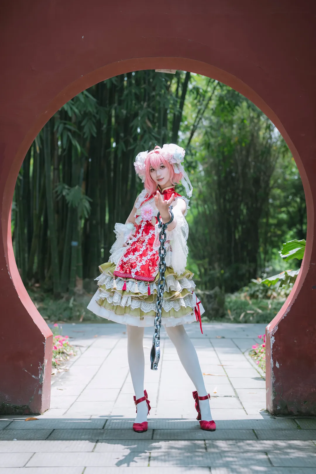 Touhou Project, Outdoor photography, White thigh-highs outfit, Bamboo forest photoshoot, Ibaraki Kasen cosplay