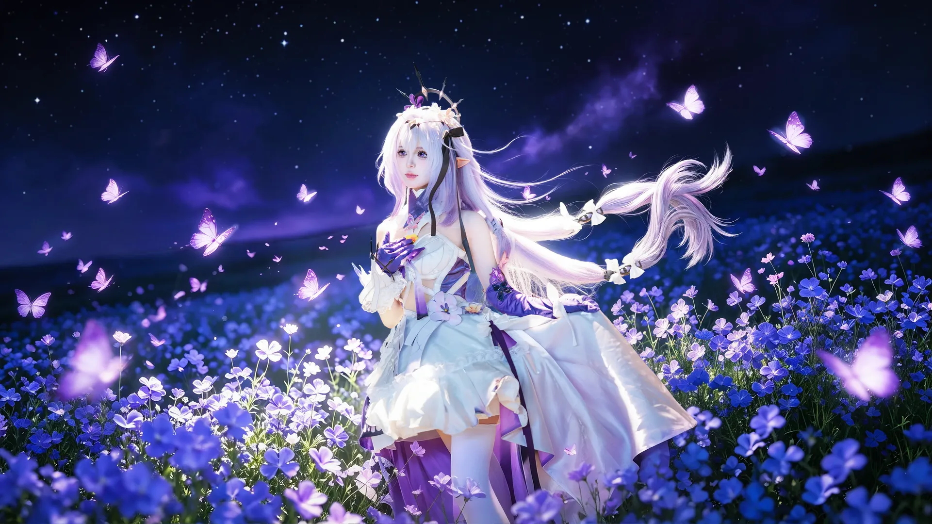 Honkai: Star Rail, Anime cosplay, Castorice cosplay, Night portrait, Flower sea outdoor photoshoot
