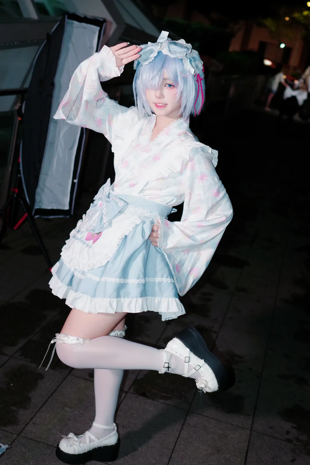 Anime girl, Rem cosplay, White thigh-highs outfit, Blue and white maid outfit, Night outdoor photography