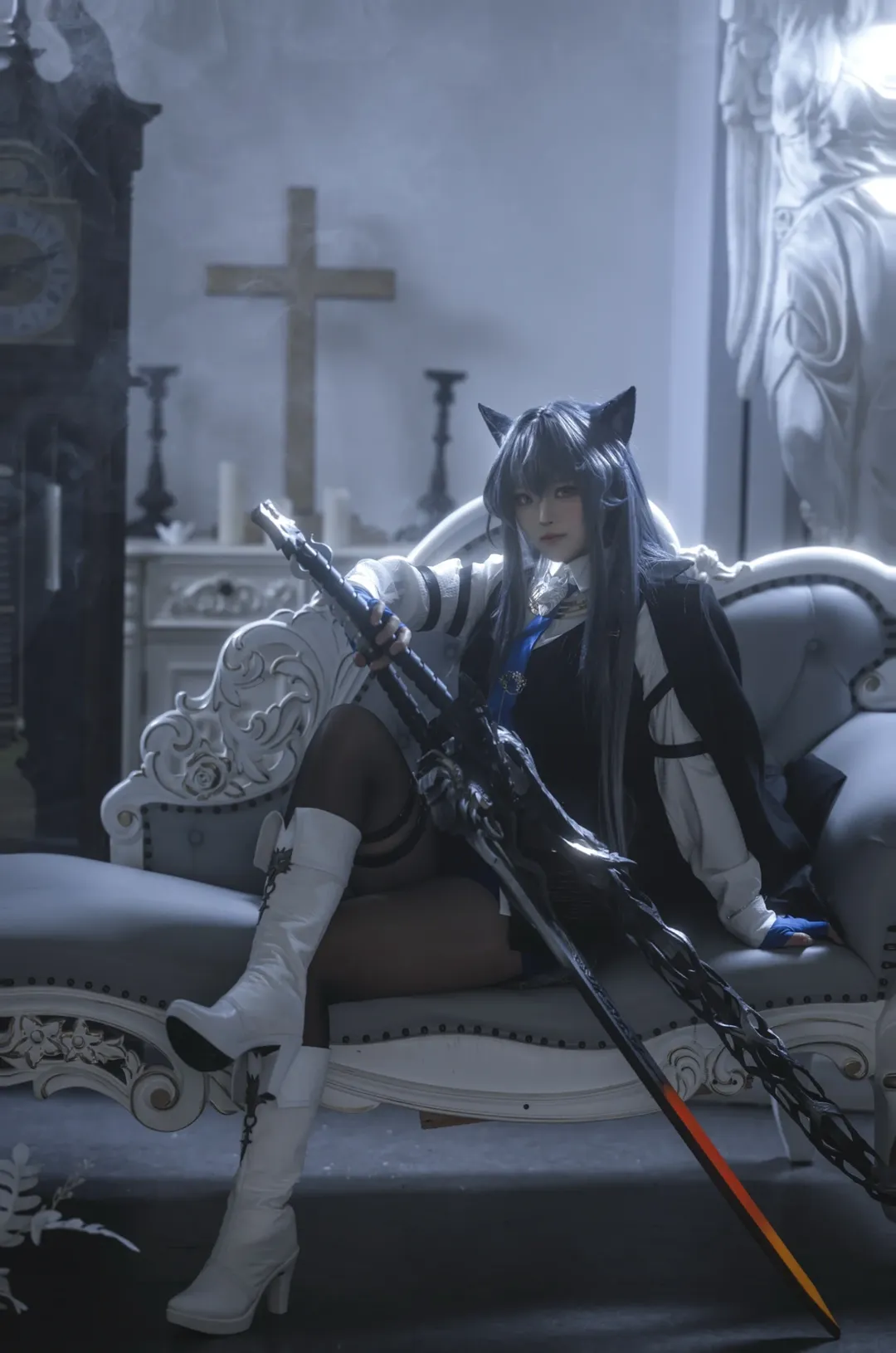 明日方舟, cosplay摄影, 黑丝cos, 缄默德克萨斯cos, 暗调氛围 - 第1张