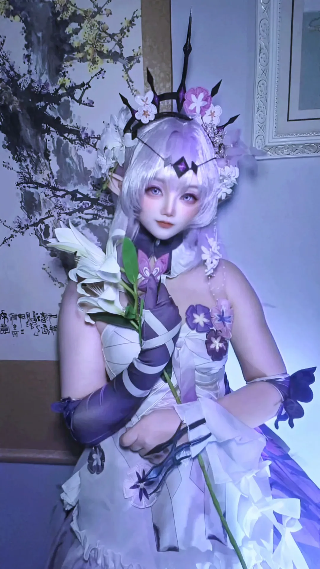 Anime-style photography, Honkai: Star Rail, Castorice cosplay, Elf ears cosplay, White and purple color scheme cosplay