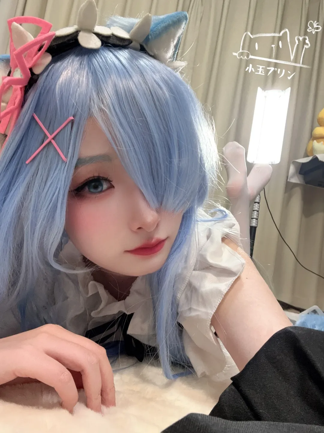 Cat ears, Maid outfit, Re:ZERO -Starting Life in Another World-, Rem cosplay, White stockings - Image 1