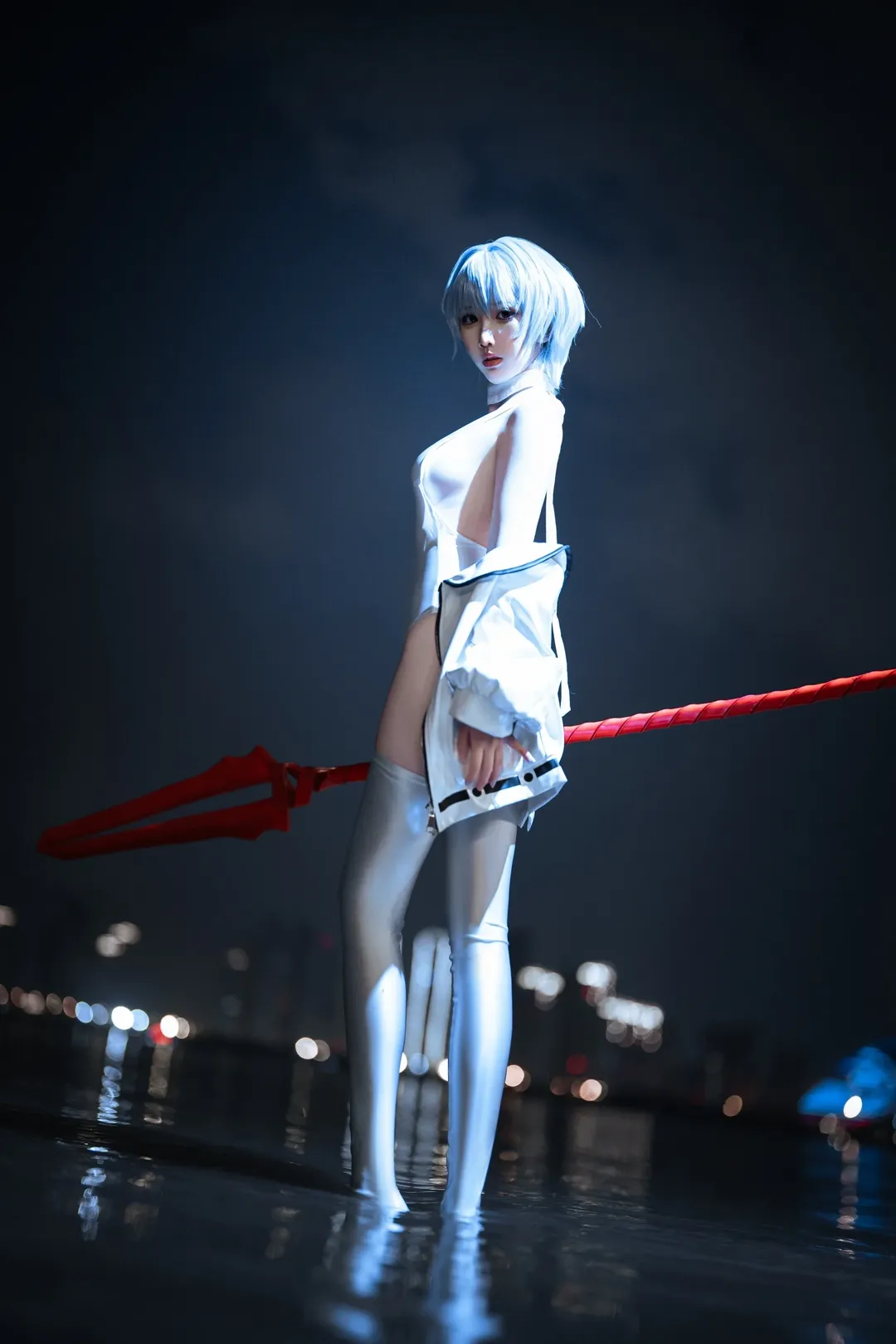 二次元, 綾波レイコスプレ, 白ストッキング, 新世紀エヴァンゲリオン, 夜景撮影