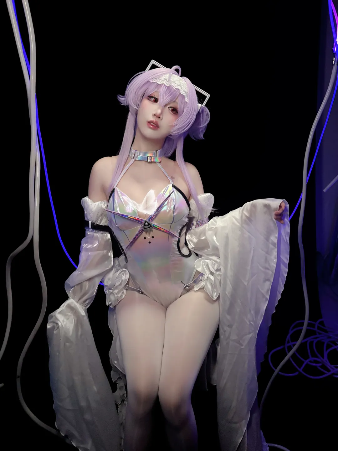 Cyberpunk photography, Liberalio cosplay, Goddess of Victory: NIKKE, White tights, Holographic clothing - Image 1