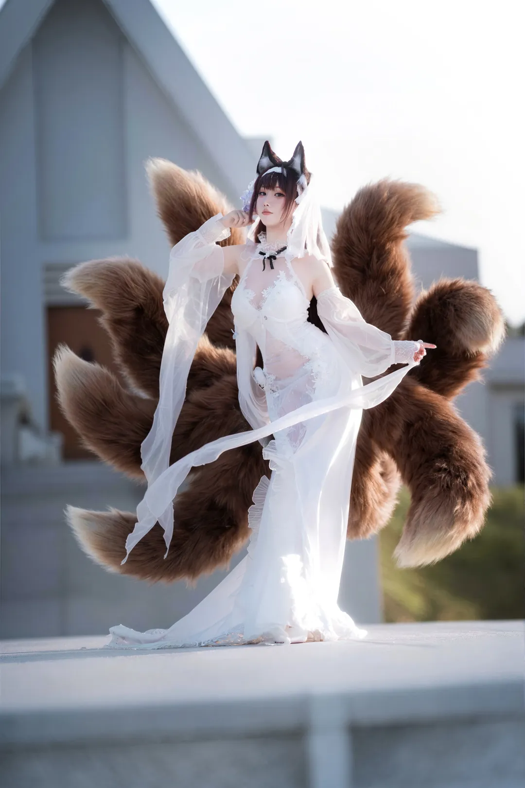 Azur Lane, White stockings, Amagi cosplay, White wedding dress, Fox tail