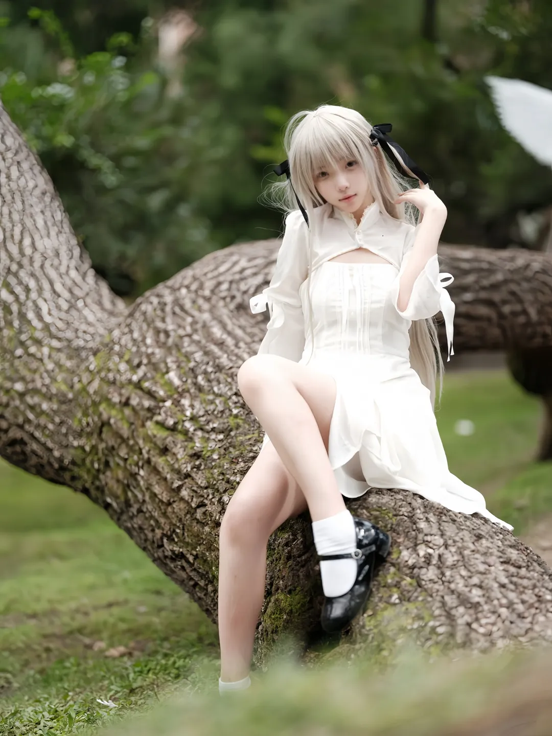 Anime girl, Kasugano Sora cosplay, White stockings, Outdoor photography, Forest photoshoot