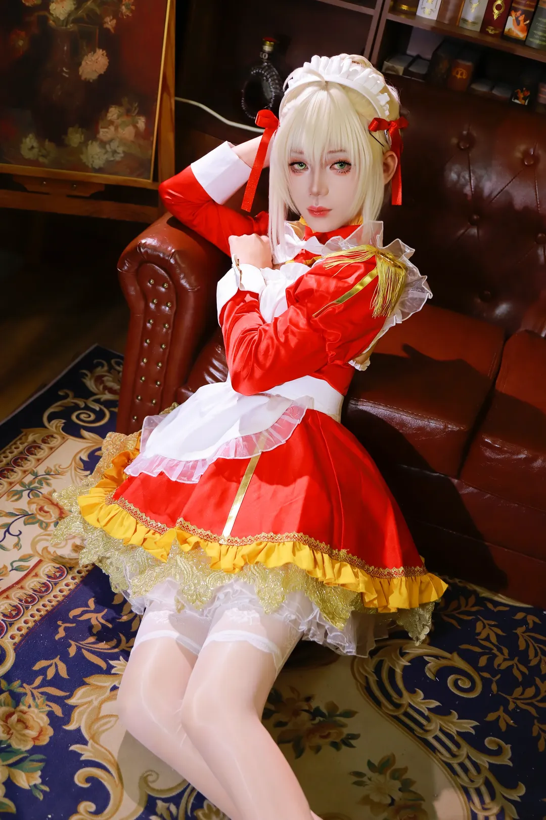 Fate/Grand Order, メイド服, 白ストッキング, ネロ コスプレ, レトロ撮影 - 5枚目