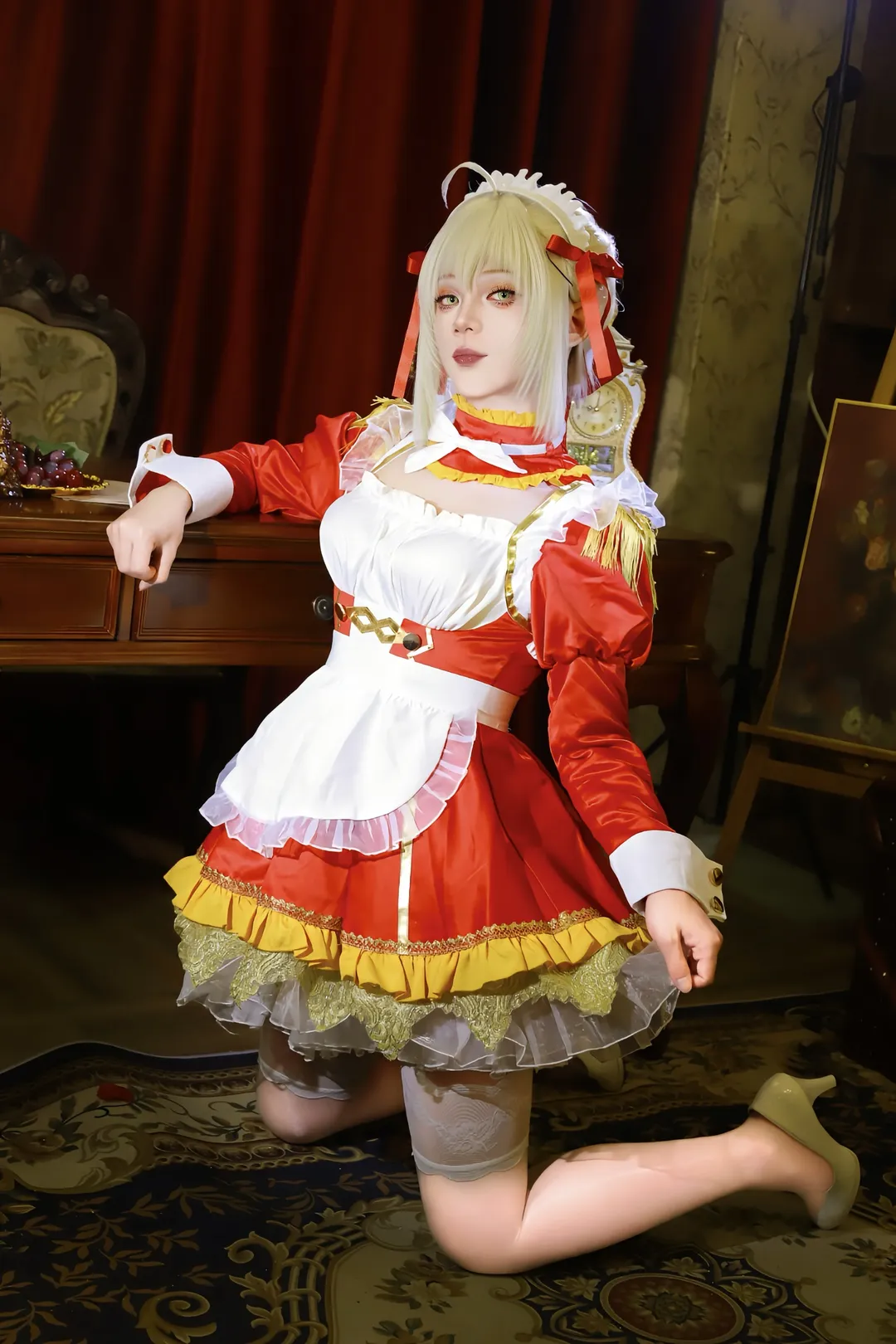 Fate/Grand Order, メイド服, 白ストッキング, ネロ コスプレ, レトロ撮影 - 7枚目