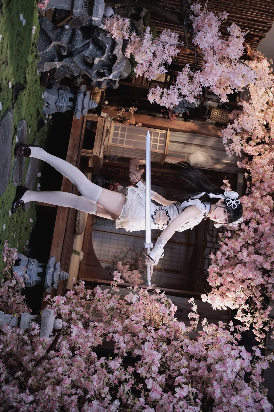 少女写真, 和风cos, 白丝, 樱花cos, 日式庭院摄影