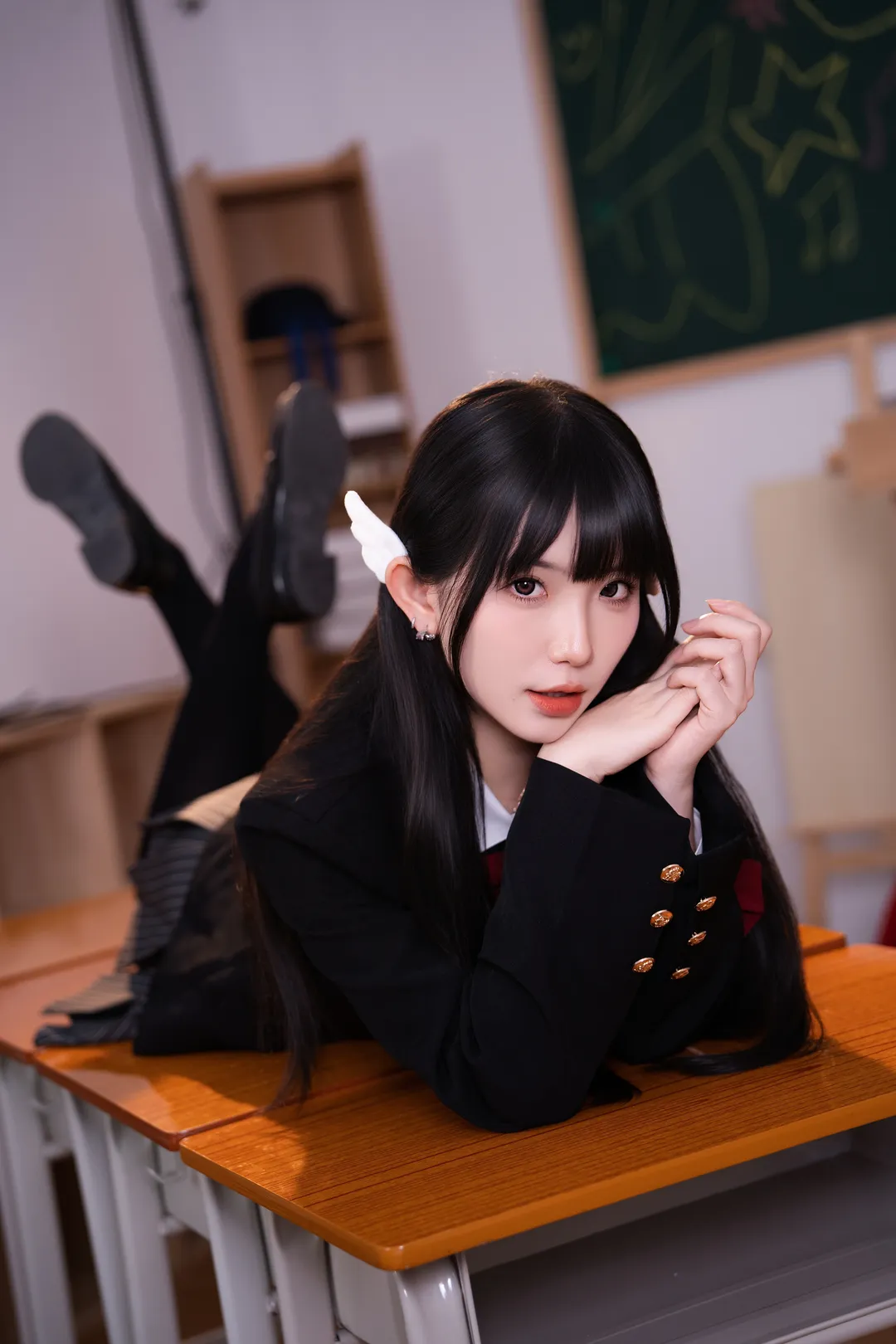 2次元少女, 学園風コスプレ, 黒タイツ コーデ, 教室での撮影, JK制服写真