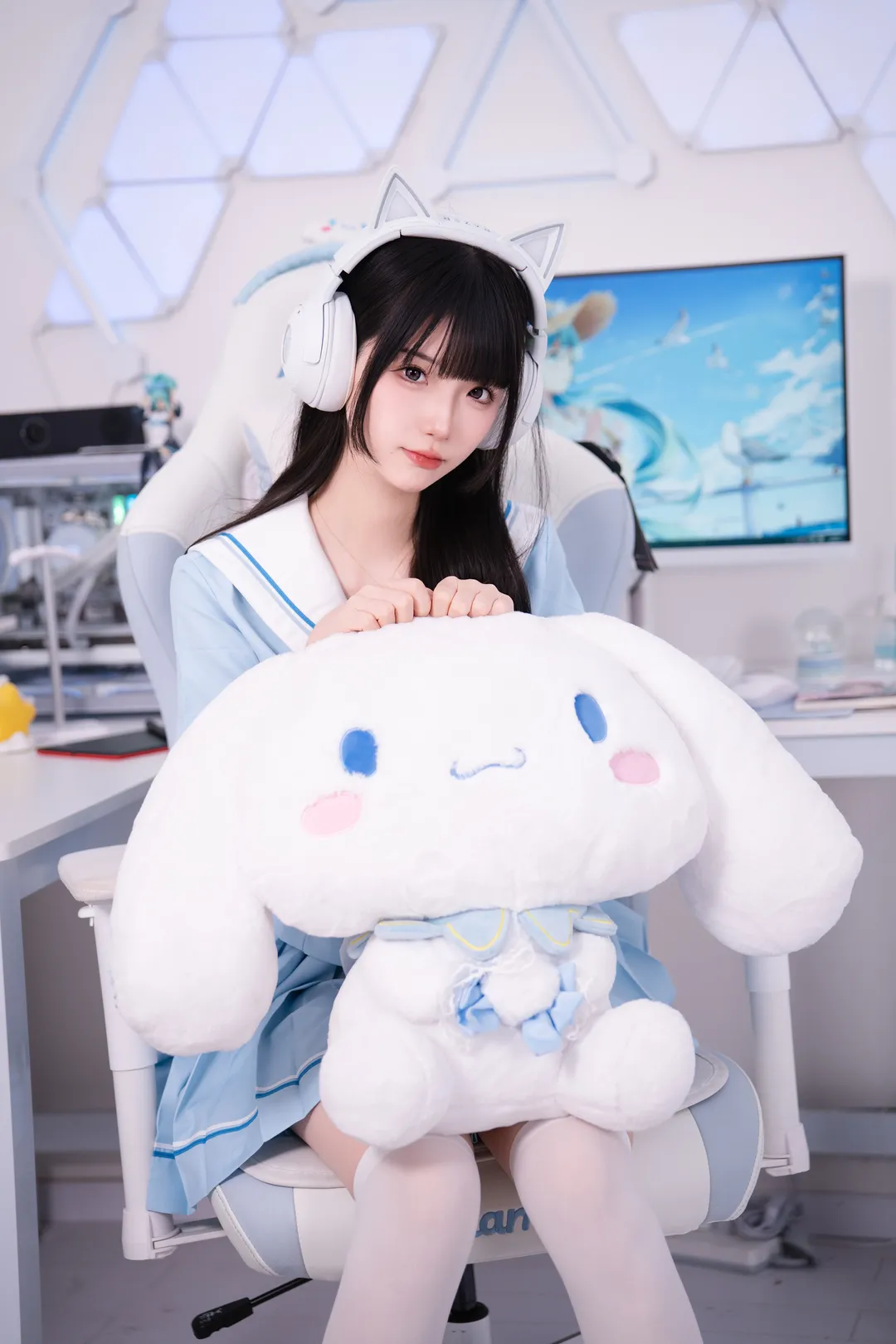 二次元摄影, 水手服cos, 可爱少女, 白丝连裤袜, 电竞房 - 第4张