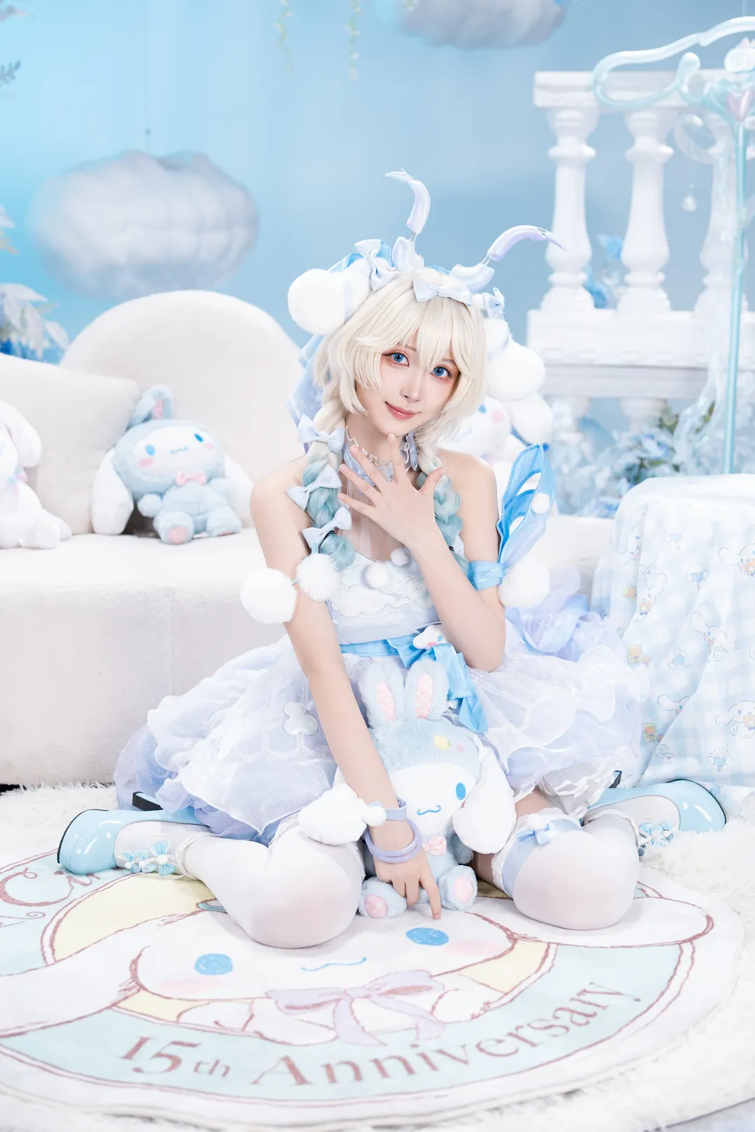 cosplay, Anime-style photography, Blue and white dreamy style, Stockings cosplay, Maid elements - Image 1