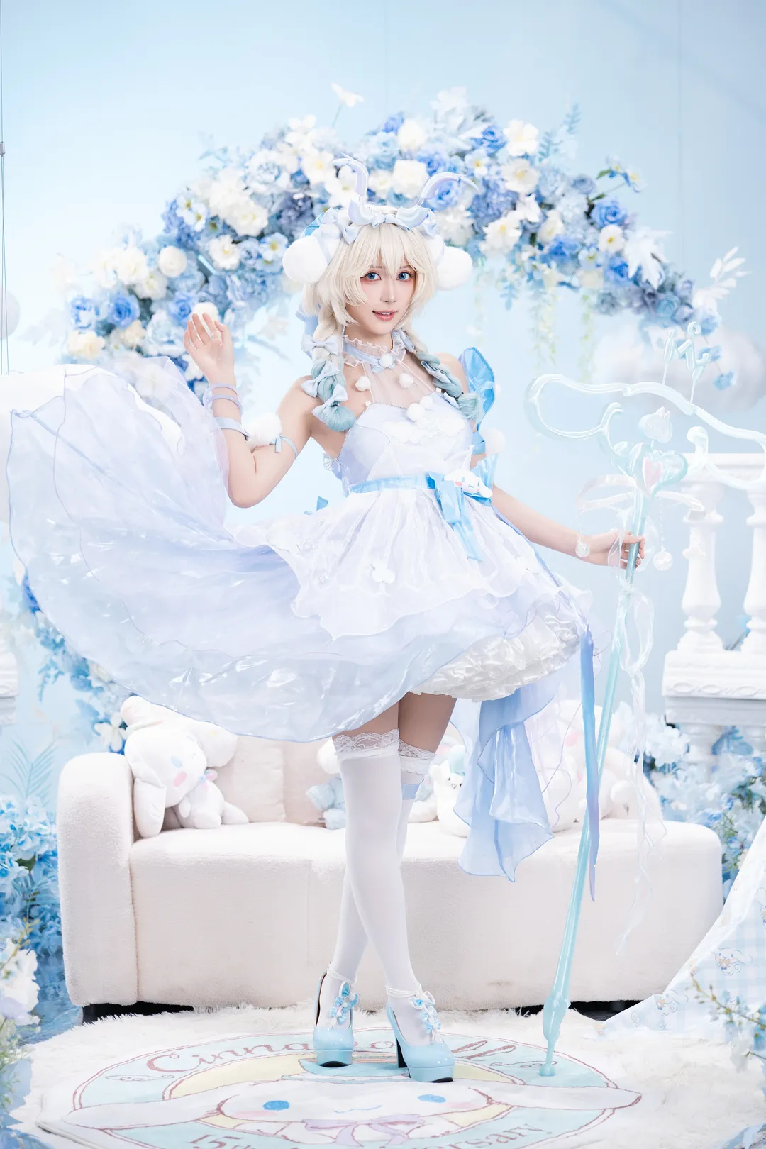 cosplay, Anime-style photography, Blue and white dreamy style, Stockings cosplay, Maid elements - Image 4