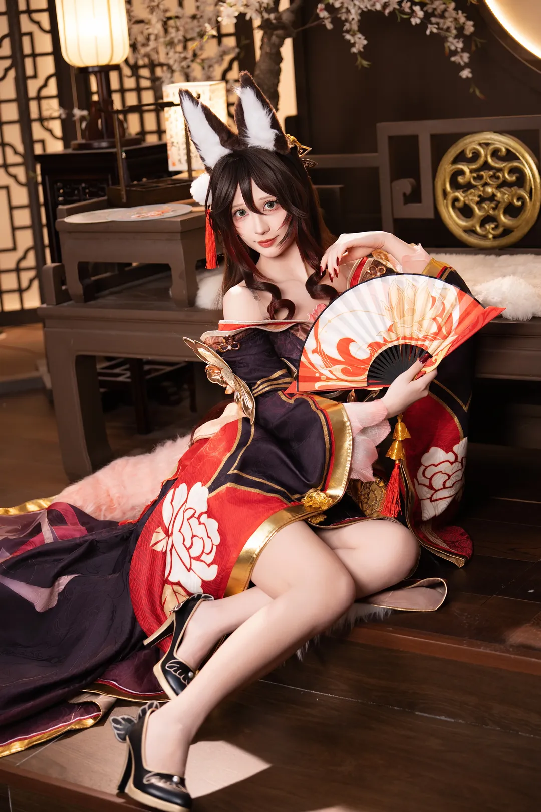 Fugue Cosplay, Traditional style cosplay, Kemonomimi girl, Chinese style photography, Folding fan