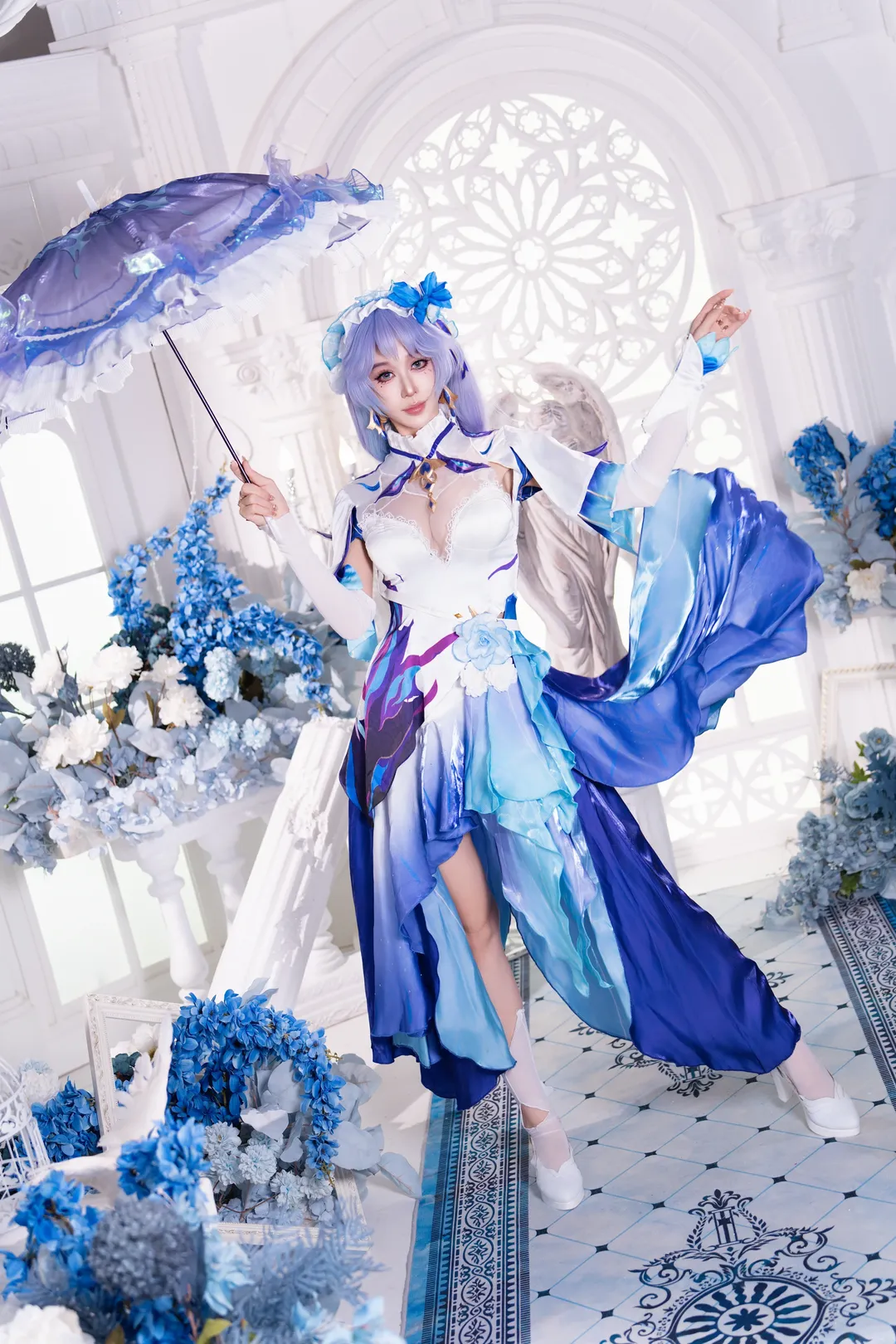 cosplay, 女仆装, 蓝白色系, 白色丝袜, 可爱男cos