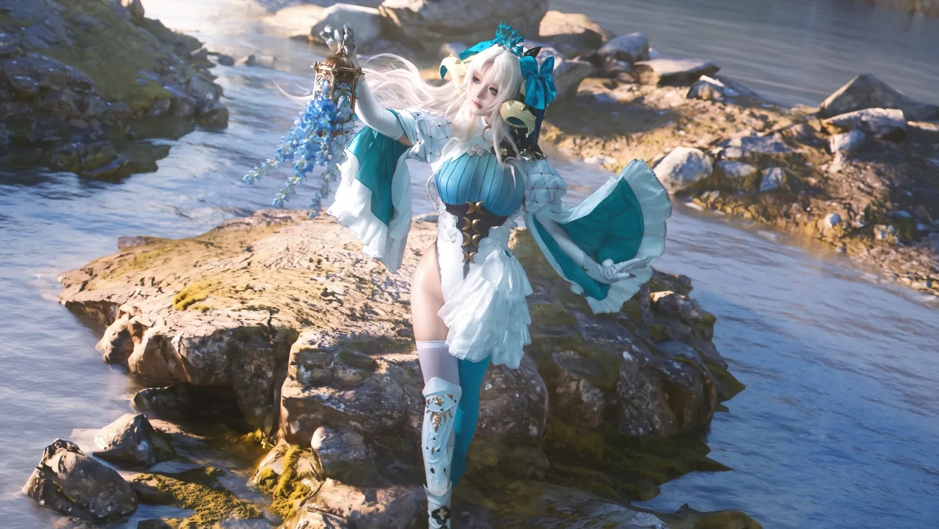 Anime girl, Fate/Grand Order, White thigh-highs outfit, Outdoor cosplay photography, Space Ereshkigal cosplay