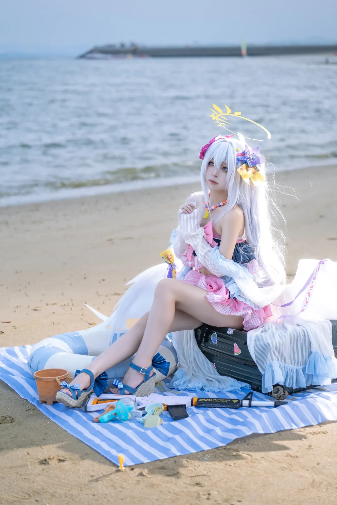 Anime-style photography, Blue Archive, Swimsuit cosplay, Shirasu Azusa cosplay, Beach location