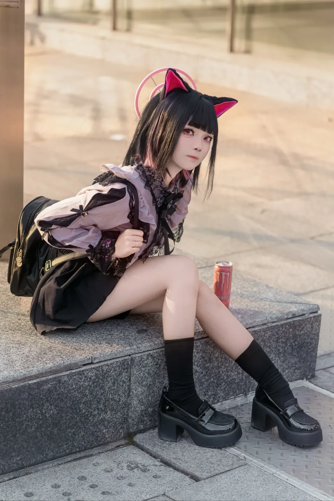 碧蓝档案, 杏山和纱cos, 地蕾係cos, 黑色长袜, 猫耳光环