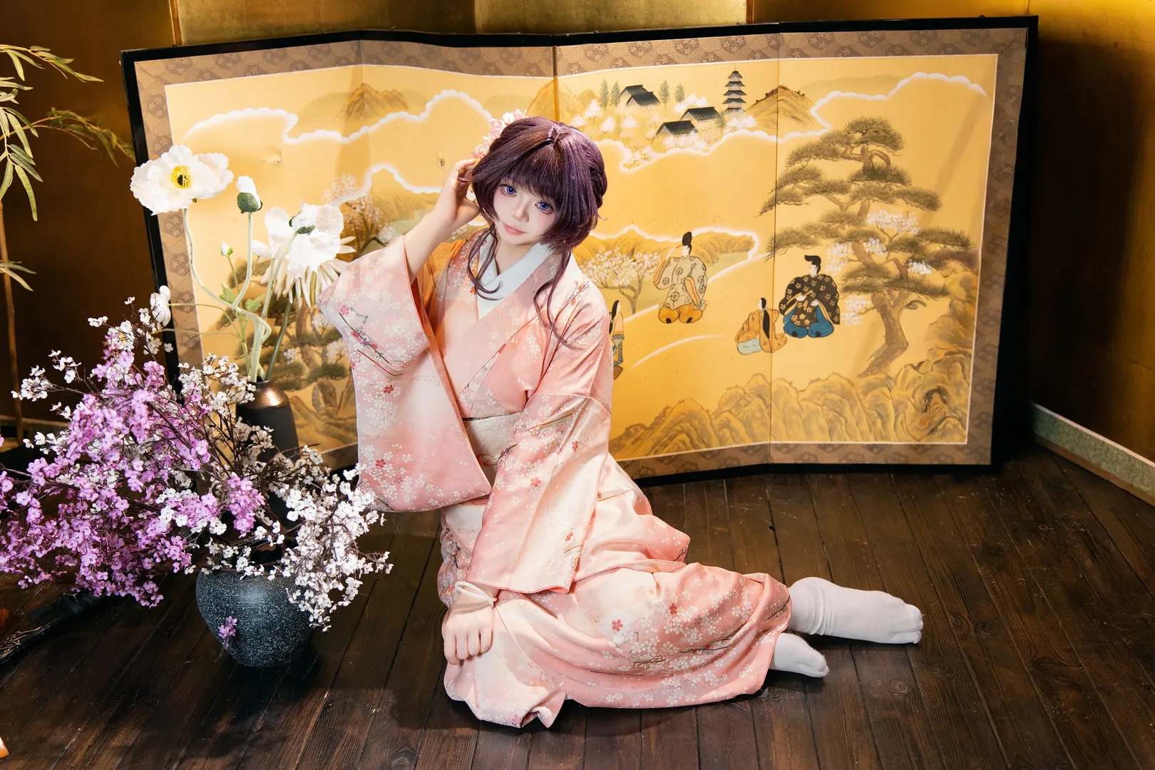 二次元摄影, 和风cosplay, 室内棚拍, 和粟熏子cos, 粉色和服 - 第7张
