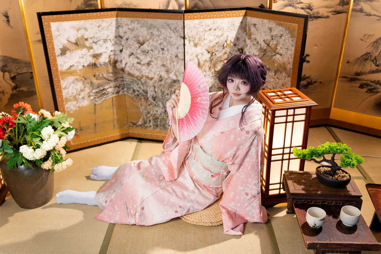 二次元摄影, 和风cosplay, 室内棚拍, 和粟熏子cos, 粉色和服 - 第8张