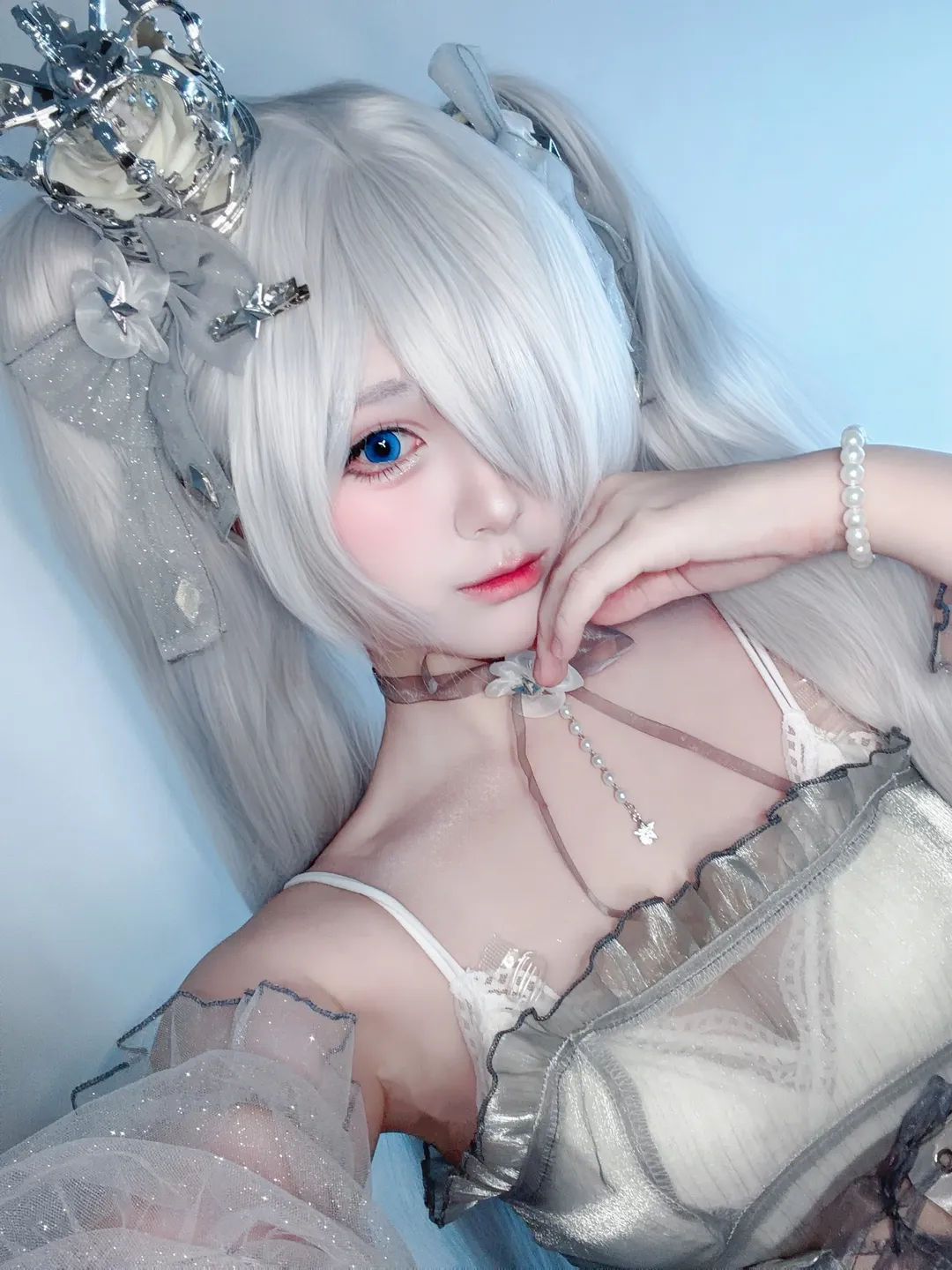 Cinderella cosplay, Goddess of Victory: Nikke, Silver hair cosplay, Ethereal outfit, Blue-eyed makeup