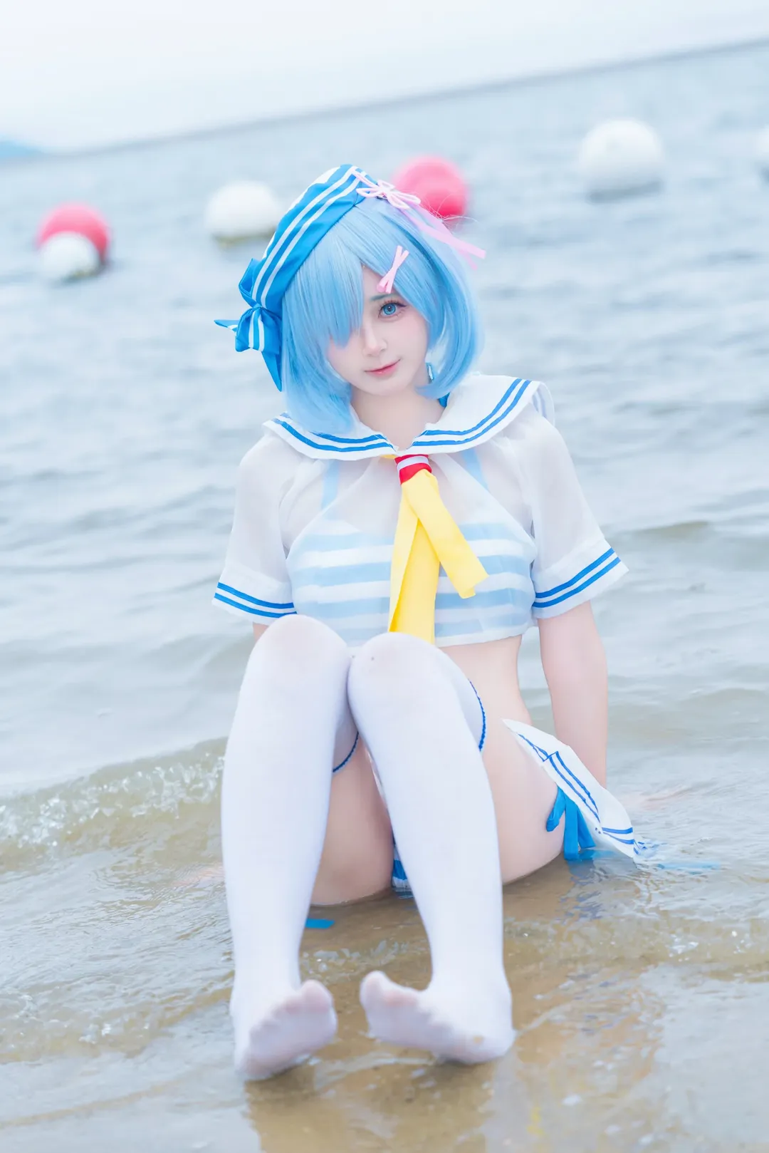 泳装, 蕾姆cos, 白丝, 水手服, 海边
