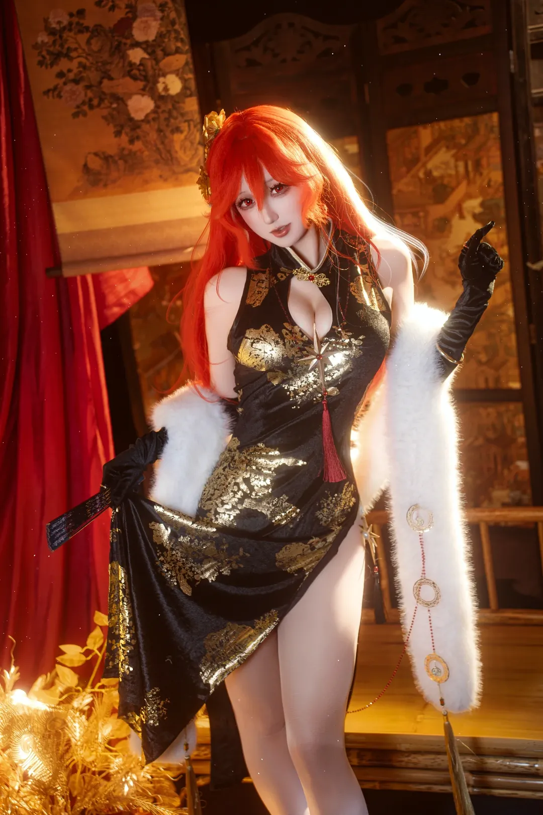 鸣潮, cosplay正片, 奥古斯塔cos, 联动旗袍, 黑金国风