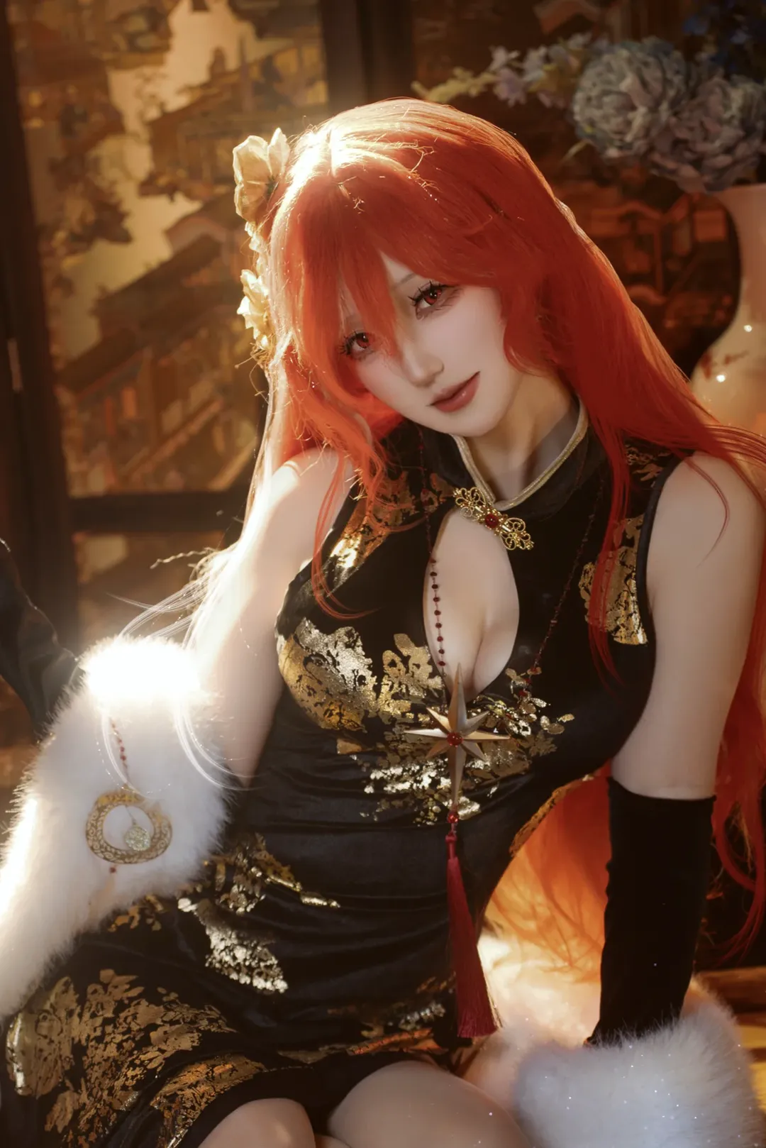 鸣潮, 旗袍cos, 国风cosplay, 红发cosplay, 奥古斯塔cos - 第1张