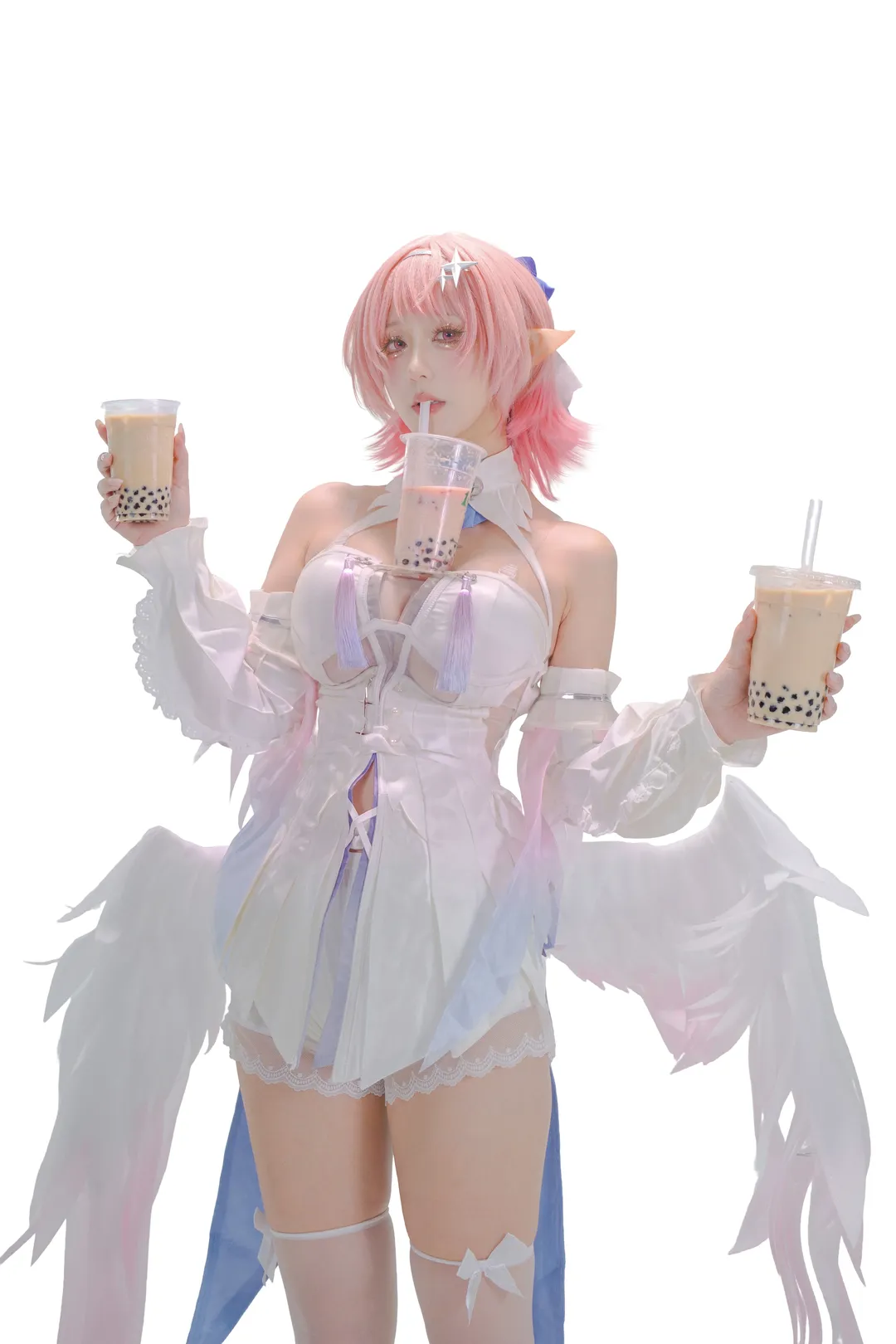 Zenless Zone Zero, Young girl, White stockings, Remielle cosplay, Bubble tea
