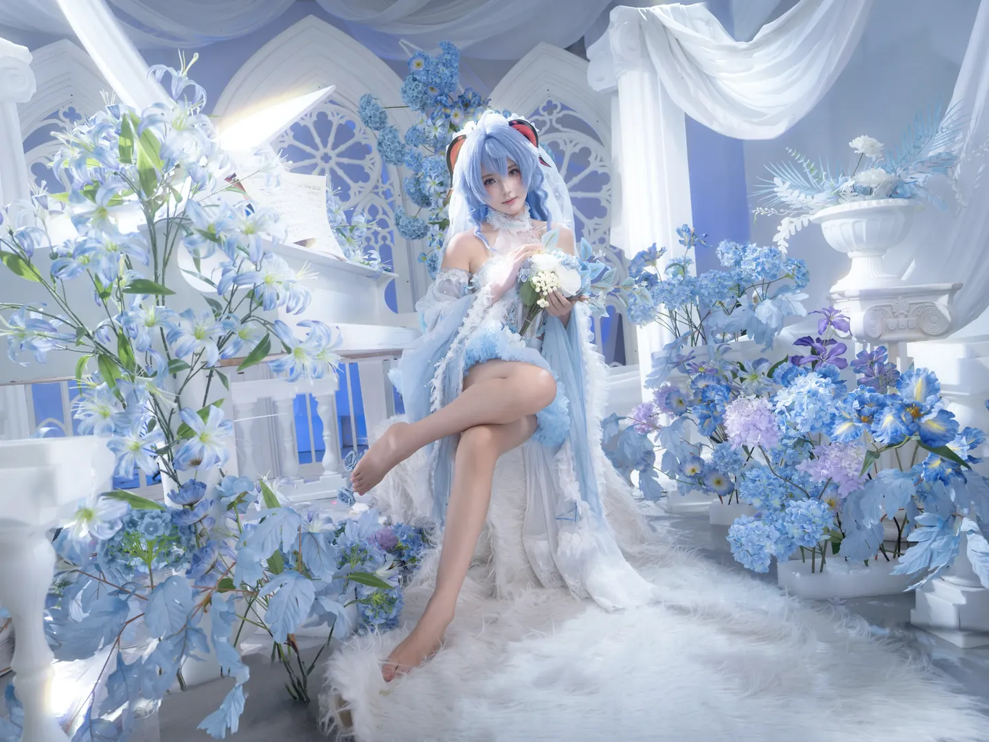 原神, 甘雨cos, 花嫁造型, cosplay攝影, 藍色系少女