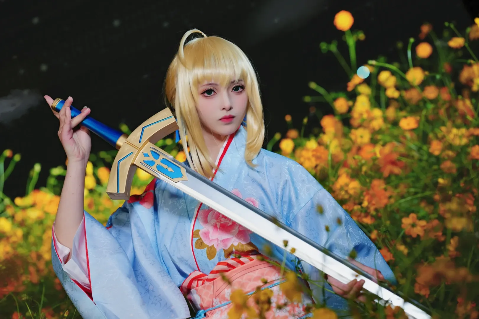 cosplay, Fate/Grand Order, 阿尔托莉雅cos, 夜景摄影, 和服cos
