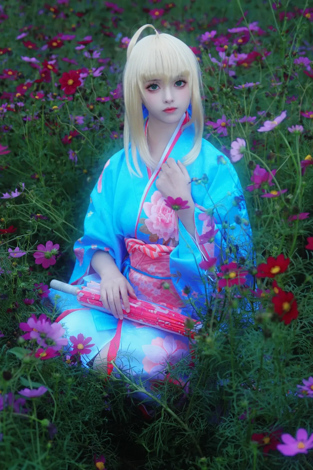 Aesthetic photography, Fate/Grand Order, Altria cosplay, Sea of flowers, Kimono