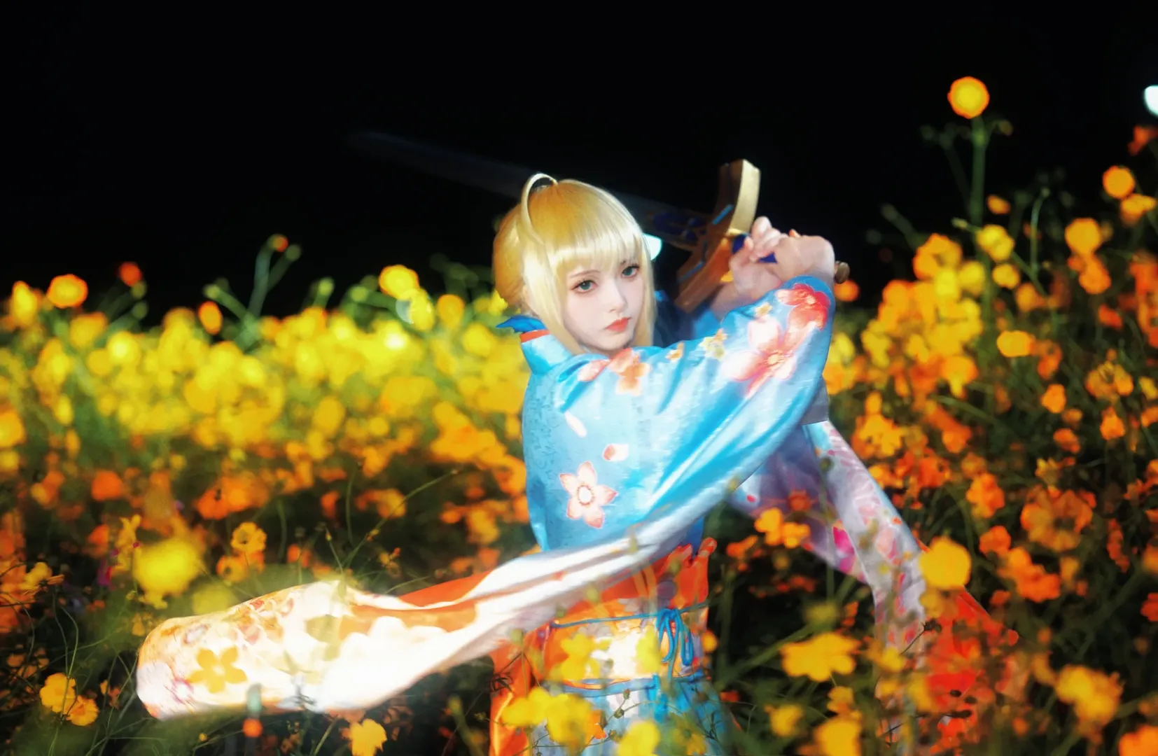 Fate/Grand Order, アルトリア コスプレ, ポートレート, 和風写真, 夜の花畑