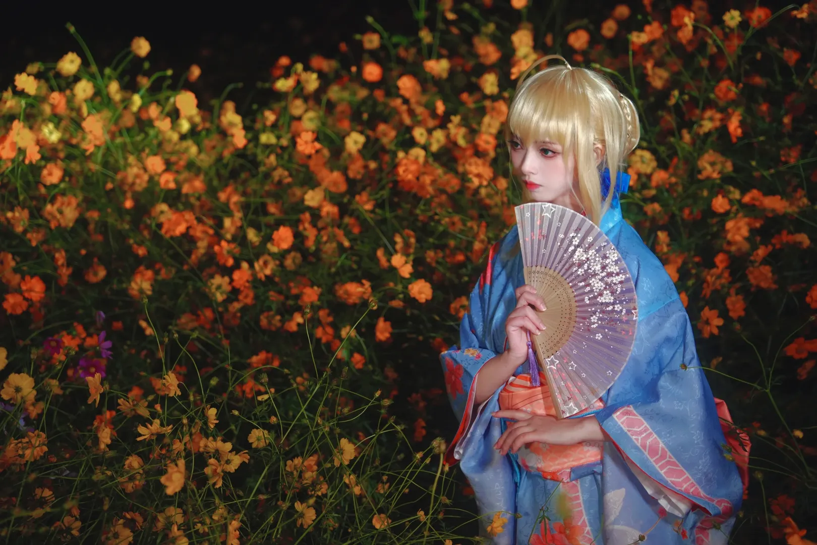 Fate/Grand Order, 阿尔托莉雅cos, 和服, cosplay摄影, 花海夜景 - 第4张