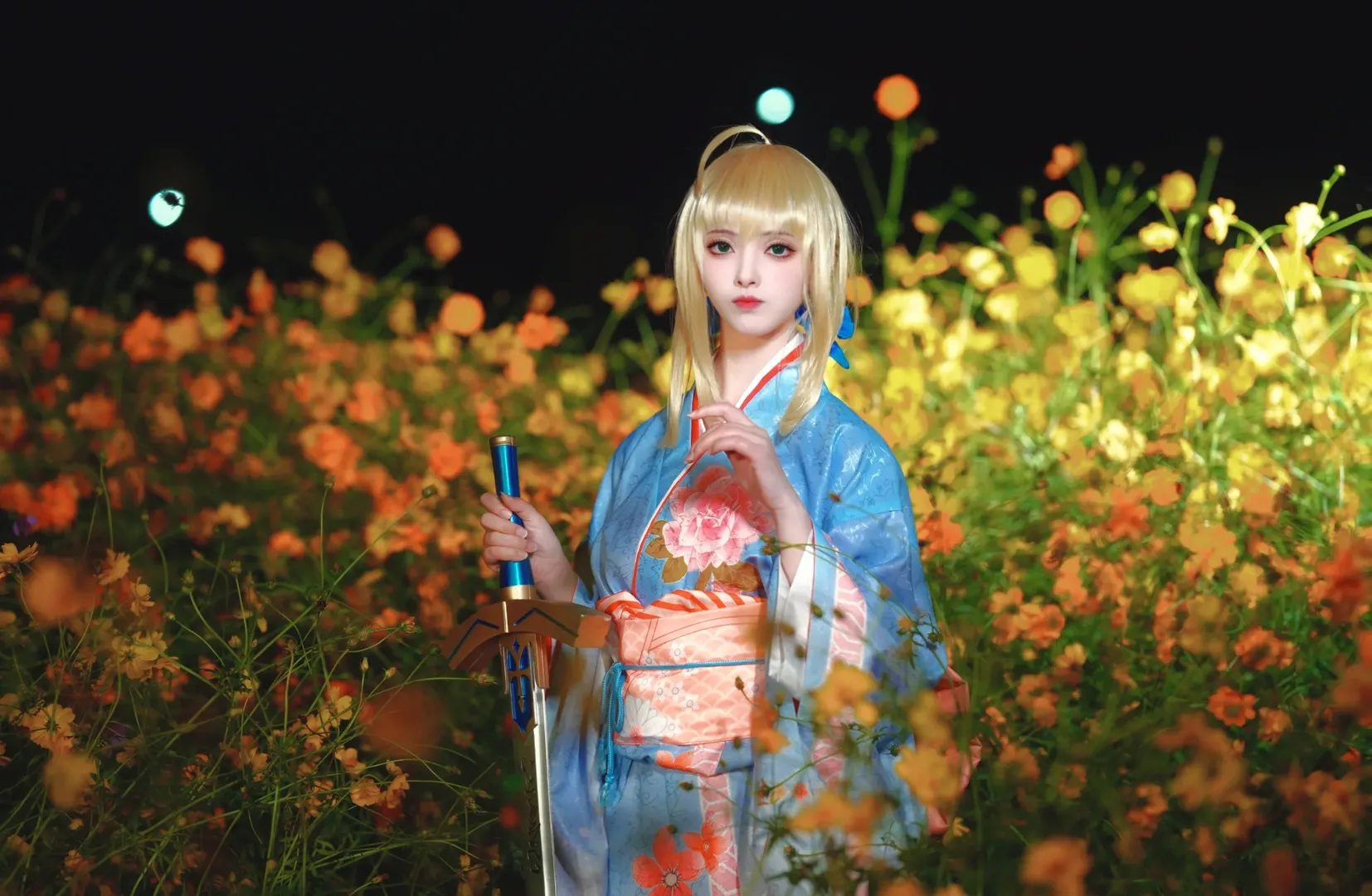 Fate/Grand Order, 阿尔托莉雅cos, 和服, cosplay摄影, 花海夜景