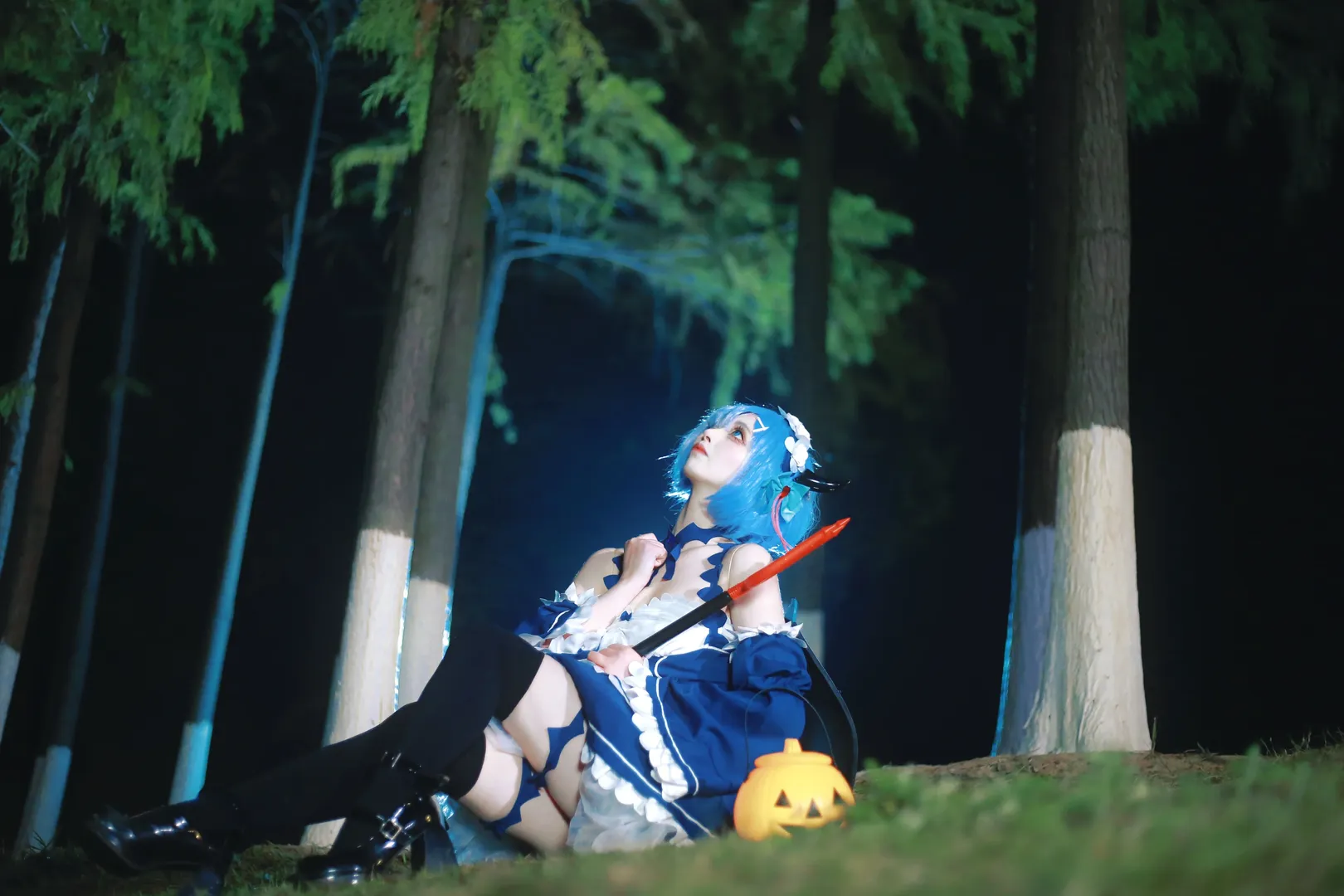 レム コスプレ, 夜景ポートレート, 黒ストッキング, ハロウィーン, ゼロから始める異界生活