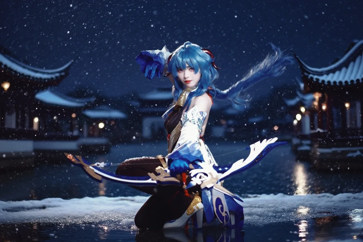 Genshin Impact, Ganyu Cosplay, Stocking outfit, Snow scene cosplay, Snowy night in Jiangnan - Image 1